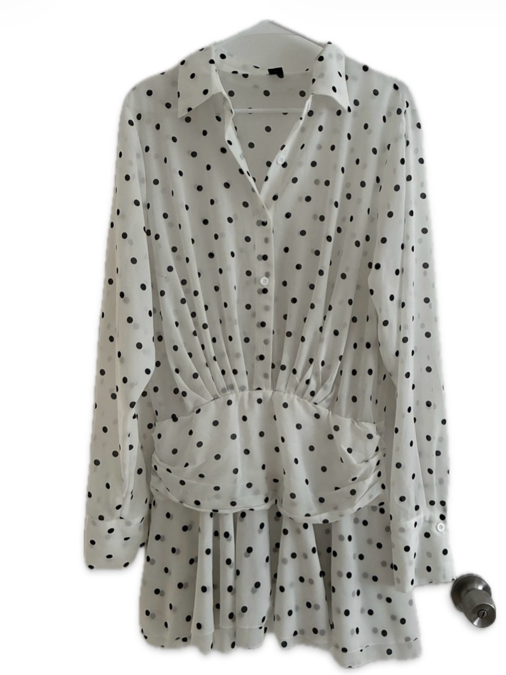 White Long-Sleeve Polka Dot Shirtdress fits 38DD, 40” bust